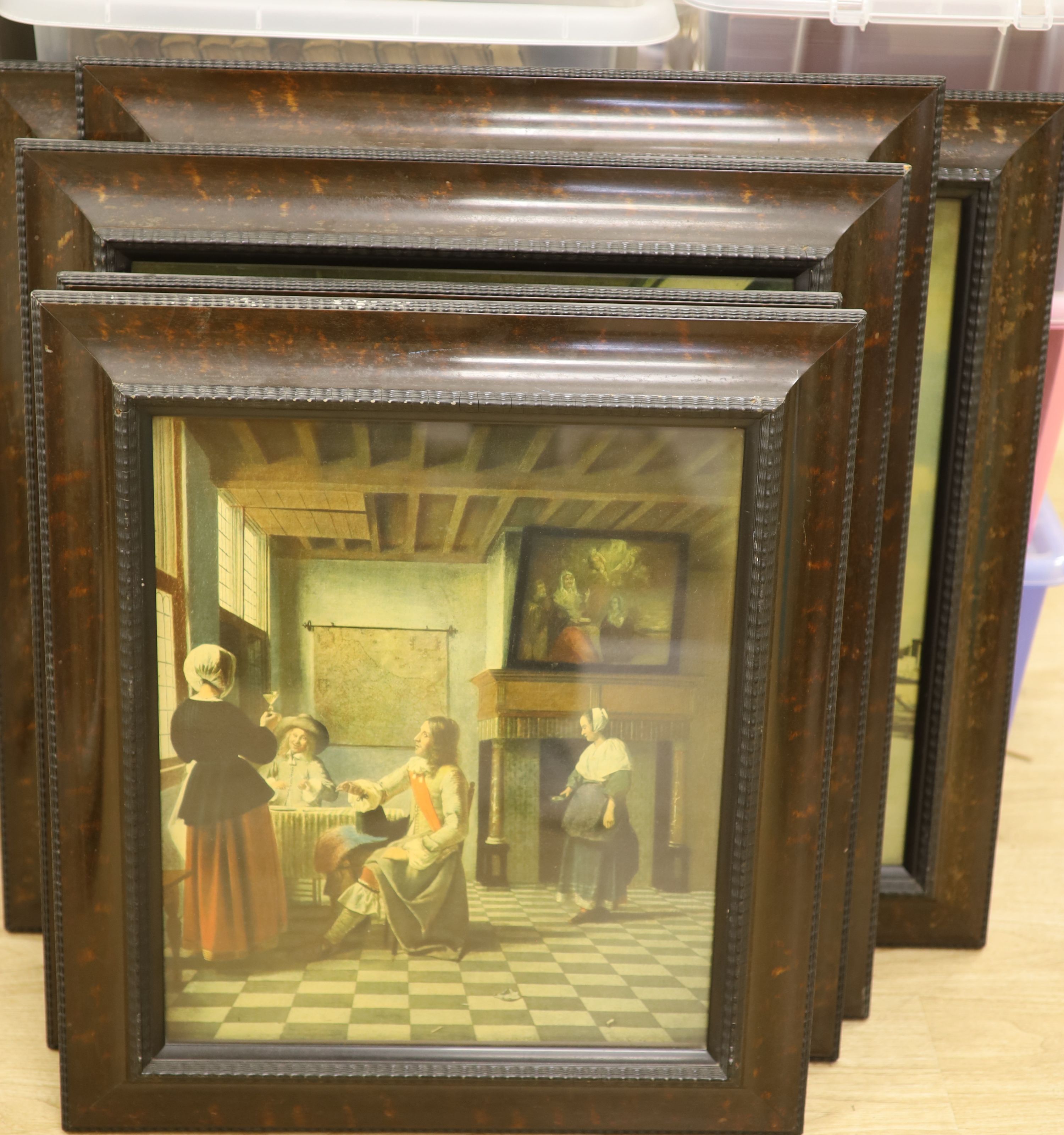 Six assorted Medici Society colour prints of Old Masters, in simulated walnut and ebonised ripple frames, largest 52 x 63cm